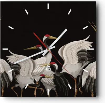 Produktbild von Wanduhr - Quadrat - Glasuhr - Kraniche Vögel Grafiken - 30x30cm - Schleichendes Uhrwerk - Lautlos - zum Aufhängen bereit - Dekoration Modern - Wanddekoration aus Glas - C3AC30x30-4748