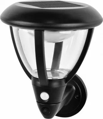 A black and clear solar-powered outdoor wall light with a motion sensor.