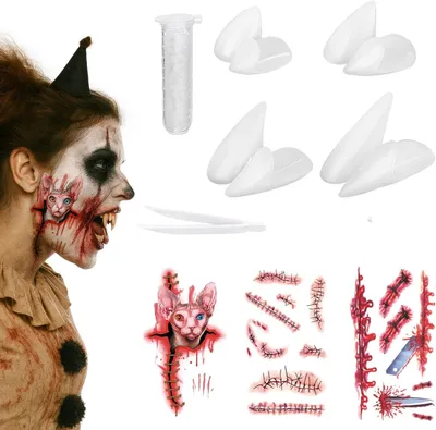 Productafbeelding van Halloween vampiertanden volwassenenset 4 maten - Vampiertanden Pakket van 3 Halloween Tattoos
