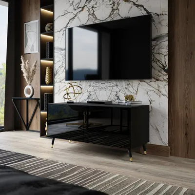 Produktbild von TV-Schrank AURA 100 schwarz hochglanz mit LED Beine - Farbe Schwarz + GOLD