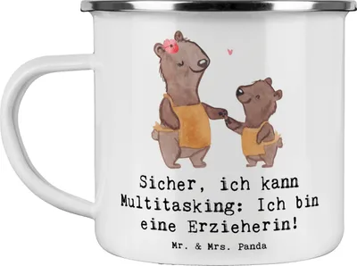 Produktbild von Mr. & Mrs. Panda Emaille Tasse Erzieherin Multitasking - Weiß - Geschenk, Fürsorge, Berufsalltag, Teetasse, Berufsleben, Vertrauen, tägliche Aufgaben, Blechtasse, Beruf