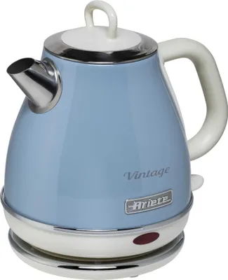A blue vintage electric kettle on a white base.