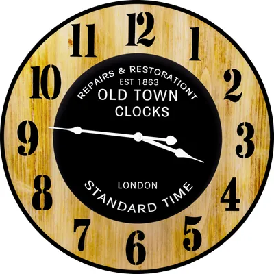 A close-up of a round wall clock with a wood-grain effect and a black center displaying the time and brand information.