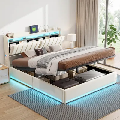 Zdjęcie produktu dla Łóżko tapicerowane INONEFT, model z pojemnikiem na pościel, 140x190 cm, z oświetleniem LED i ładowarką USB, łóżko młodzieżowe/podwójne z elastycznym stelażem i hydraulicznym pojemnikiem, obite welurem, kolor beżowy