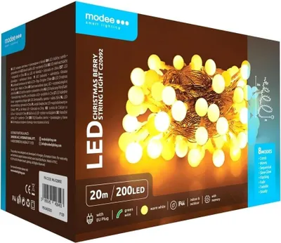 The image shows the retail packaging for a string of LED Christmas lights.