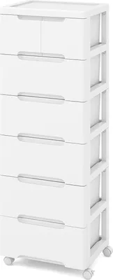 A white vertical storage cabinet with seven drawers and wheels.