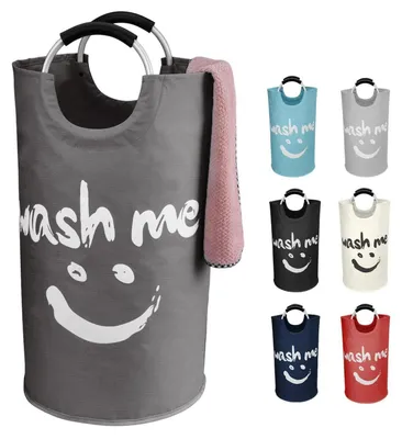 Immagine prodotto di Cesto per la biancheria pieghevole, 95 litri, colore grigio scuro, realizzato in tessuto Oxford con motivo a faccina sorridente e maniglia