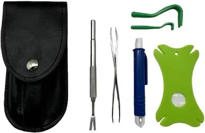 Produktbild von Tiefenreißer-Set mit 6 Stück, inkl. Stahllinien, Tiefenreißerkarte, Gummibüschel & Lederetui – Tiefenreißer-Profi