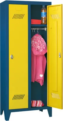 Produktbild von Spindschrank f. Kindergärten - mit Füßen - Höhe 1.300 mm - 3 Abteile a 250 mm - Zylinderschloss - himmelblau/feuerrot
