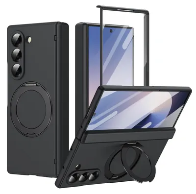 Obrázek produktu pro Pouzdro pro Samsung Galaxy Z Fold 6 otočným stojánkem, ochranou pantu a ochrannou fólií na displej, odolný ochranný kryt Černá