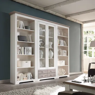 Produktbild von Regalwand mit Vitrine Massivholz weiß 262 cm CORDOBA