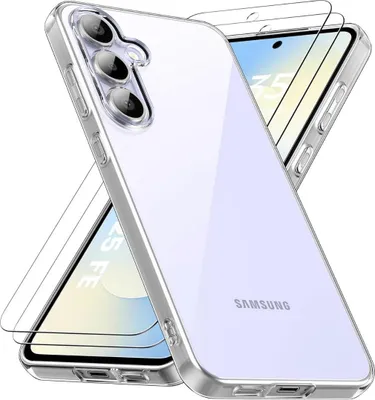 A clear protective case and screen protectors for a Samsung phone.