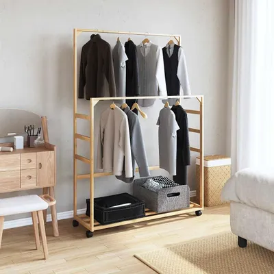 Zdjęcie produktu dla vidaXL Wieszak na ubrania z półkami i kółkami 90x35x155 cm bambusowy