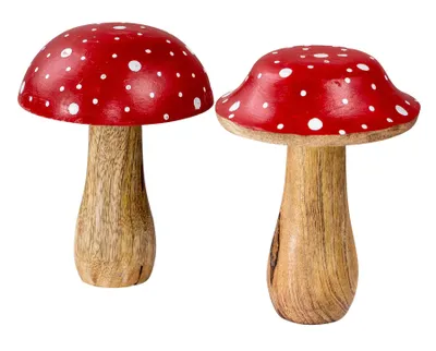 Produktbild von 2er Set Deko Aufsteller Pilz Holzdeko Mango Braun Rot Tischdeko Pilzfigur Fliegenpilz Herbst Herbstdeko Wohndeko Deko Regaldeko