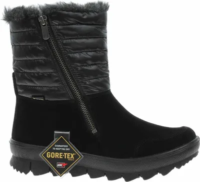 A black winter boot with a side zipper and fur trim, shown against a white background.