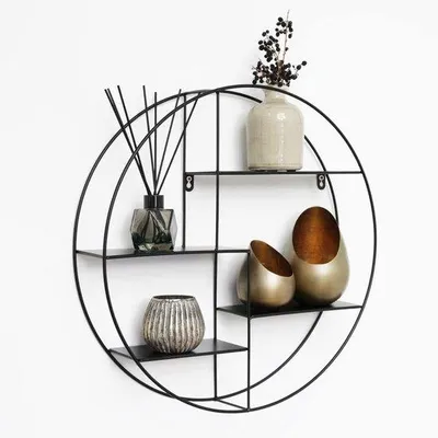 Productafbeelding van Metalen Wandrek - Ronde Planken - Woonkamer Decoratie - Vier Ronde Etages - 50 x 10 cm - Zwart
