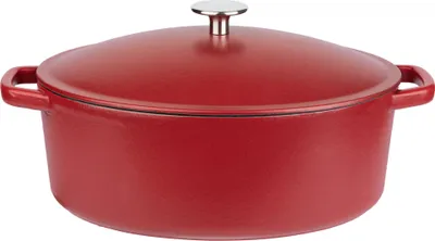 A red cast iron pot with a silver lid knob is shown against a white background.