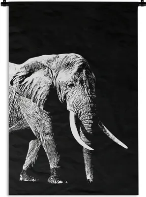 Produktbild von MuchoWow® Wandteppich Wandbehang Elefant vor schwarzem Hintergrund - schwarz und weiß 90x135 cm Tapisserie Dekoration Wandtuch - Baumwolle - Wandskulptur