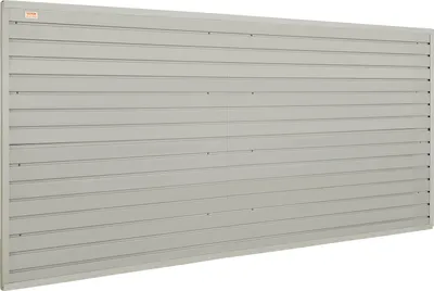 A gray slatwall panel system mounted on a wall.