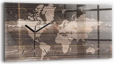 Produktbild von Wallfluent Wanduhr – Stilles Quarzuhrwerk - Uhr Dekoration Wohnzimmer Schlafzimmer Küche - Zifferblatt mit Strichen - schwarze Zeiger - 60x30 cm - Weltkarte auf Holz