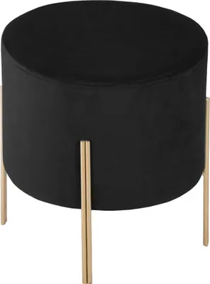 A black velvet ottoman with gold legs is shown against a white background.