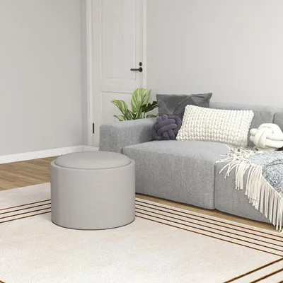 Produktbild von Sitzhocker mit Stauraum Leinenoptik umkehrbarer Deckel, Polsterhocker Fußhocker MDF, Hellgrau | 56 x 56 x 42 cm | 3-in-1 | 7,3 kg