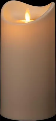 A close-up of a cream-colored LED candle with a flickering flame.