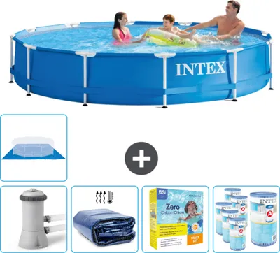 Produktbild von Intex Rundrahmen-Schwimmbecken – 366 x 76 cm – Blau – inklusive Pumpe Sonnensegel - Wartungspaket - Filter - Bodenplane