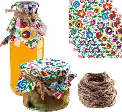 Produktbild von KADAX Schmuckdeckchen für Einmachgläser, dekorative Deckchen mit Jutekordel für Marmeladengläser, Marmeladendeckchen aus Papier, Blumen, 50 Stück