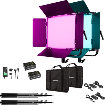 Immagine prodotto di Walimex pro LED Rainbow 50W RGBWW set - composto da 2 luci, alette di schermatura, alimentatore, borsa per il trasporto e lo stoccaggio, 2 treppiedi per lampade con adattatore e raccordo, batteria e caricabatterie