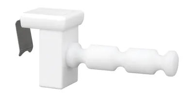 A white window hook with a metal clip is shown against a white background.
