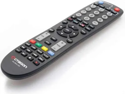 A black remote control is shown against a white background.