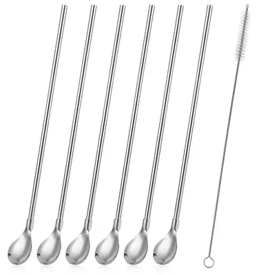 Imagen del producto de Juego de 6 pajitas de acero inoxidable con cucharas y cepillo de limpieza