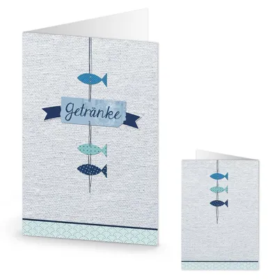 Produktbild von Logbuch-Verlag 10 Getränkekarten grau blau mit 3 Fischen f. Kommunion Firmung Taufe christliche Feste maritime Karte f. Getränke Klappkarte dunkelblau türkis20 Stück