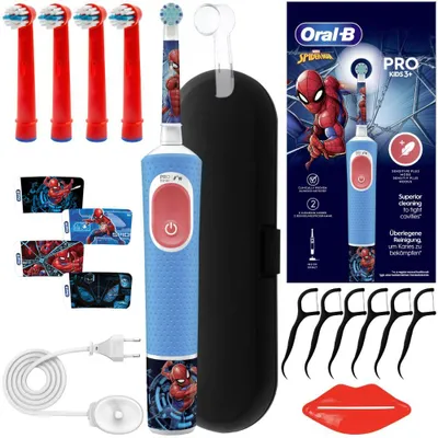 Produktbild von Oral-B Vitality D103 Spiderman Elektrische Zahnbürste + 4 Ersatzbürstenköpfe , Kappe, Squeezer, Zahnstocher, Schwarzes Etui