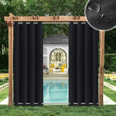 Produktbild von 4 Stück Winddicht Outdoor Vorhänge mit Ösen Oben(ID:4cm)+Unten(ID:4cm), Wasserdicht Blickdicht Sonnenschutz UV schutz Patio Cabana Porch Gazebo Vorhang, 213x132cm,Schwarz