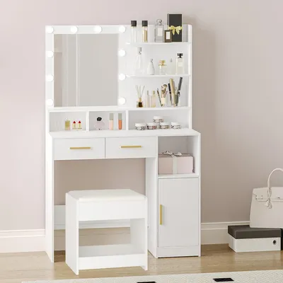 Produktbild von Schminktisch mit Hocker, Spiegel, 10 LED-Beleuchtung, 2 Schubladen, 1 Schrank, Weiß