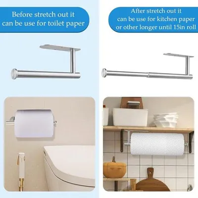 Image de Porte-rouleau de papier toilette, porte-rouleau de cuisine, sans perçage, support, porte-papier toilette, acier inoxydable, pour la cuisine, la salle de bains, fixation murale, avec adhésif/vis, argent