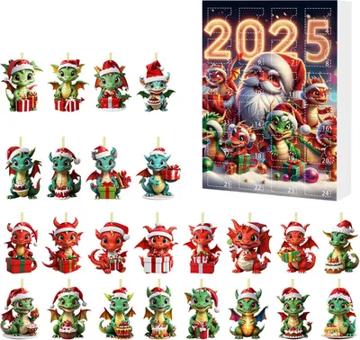 A collage of Christmas dragon ornaments and a Christmas advent calendar featuring Santa and dragons.