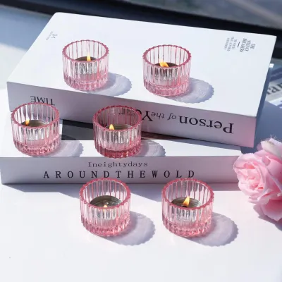 12er-Set rosa Glas-Teelichthalter, gerippt, 5,5x6,5 cm
