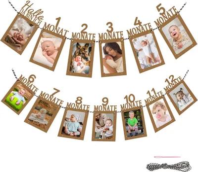 Produktbild von Banner für den ersten Geburtstag – Girlande mit Baby-Meilensteinen – Geburtstagsdekoration – 12 Karten aus Kraftpapier für Monatsfotos