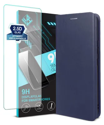 Produktbild von Handyhülle für Samsung Galaxy A16 / A16 5G mit 9H Displayglas Echtleder Flip Cover Hülle Case Kartenfach RFID Schutz Farbe: Blau