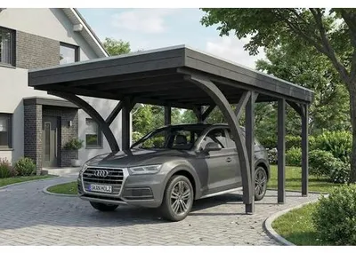 Produktbild von Einzelcarport SKAN HOLZ Friesland inkl. 2 Einfahrtsbögen, Pfostenanker 320 x 555 cm schiefergrau