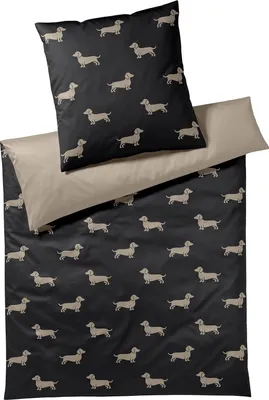 Produktbild von elegante Mako-Satin-Bettwäsche-Garnitur Dogs Farbe Schwarz-Beige Größe 155x220+40x80