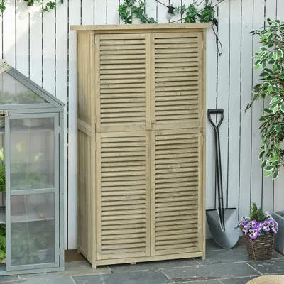 Produktbild von Gartenschrank Holz, Geräteschuppen mit Asphaltdach, Lamellentür, Kiefernholz, Grau | 87 x 46,5 x 160 cm | 4 Fächer | abschließbar