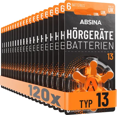 Produktbild von ABSINA 120x Hörgerätebatterien 13 mit gut greifbarer Schutzfolie - Hörgeräte Batterien PR48 ZL2 P13 Zink Luft 1,45V