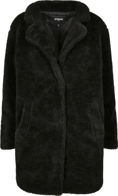 A black faux fur coat is displayed front-on against a white background.