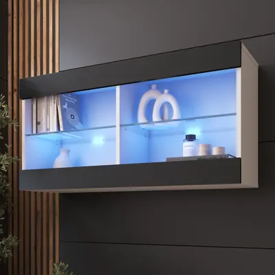 Produktbild von Komodee, Hängende Vitrine Schrank Tivoli, Schwarz/Weiß, Breite 100cm x Höhe 50cm x Tiefe 29cm, LED Blau, 2 Regalböden, für Wohnzimmer, Schlafzimmer, Eingang