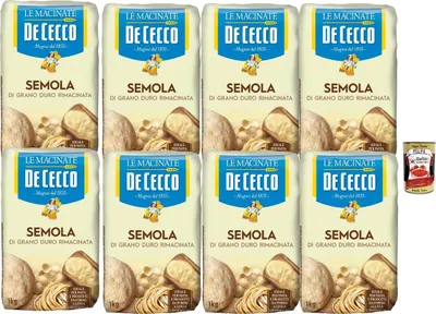 Produktbild von De Cecco Semola di Grano Duro Rimacinata 8x1kg – Hartweizengrieß für Pasta, Brot & Pizza, lange Teigführung, italienische Qualität + Italian Gourmet polpa