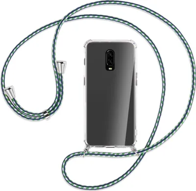 Produktbild von Handykette Backcover-Schutzhülle mit Band (Metall silberfarben) für OnePlus 6T, OnePlus 7 - grün/blau/weiß